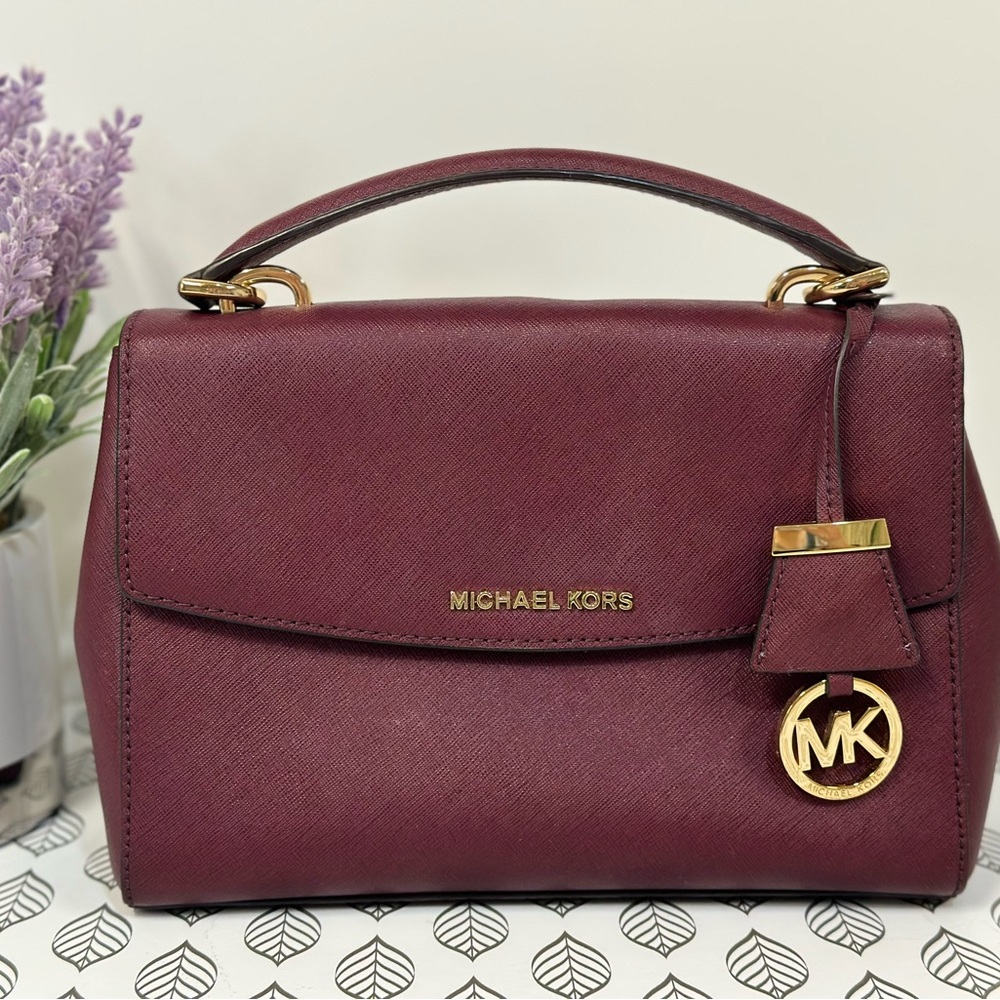 Michael Kors Burgundy Leather Small Ava Top Handle Bag